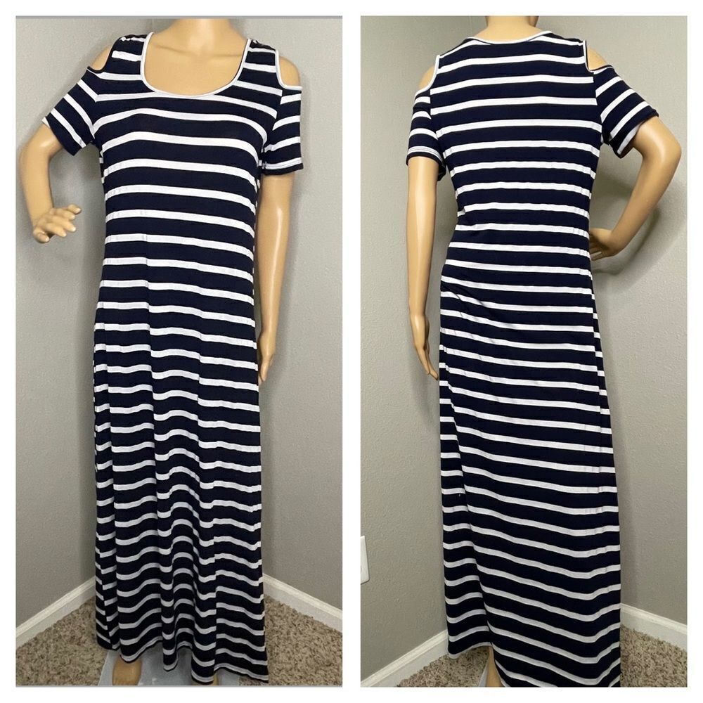 5th & Love Horizontal Striped Cold Shoulder Maxi Dress Navy Blue and White Large
